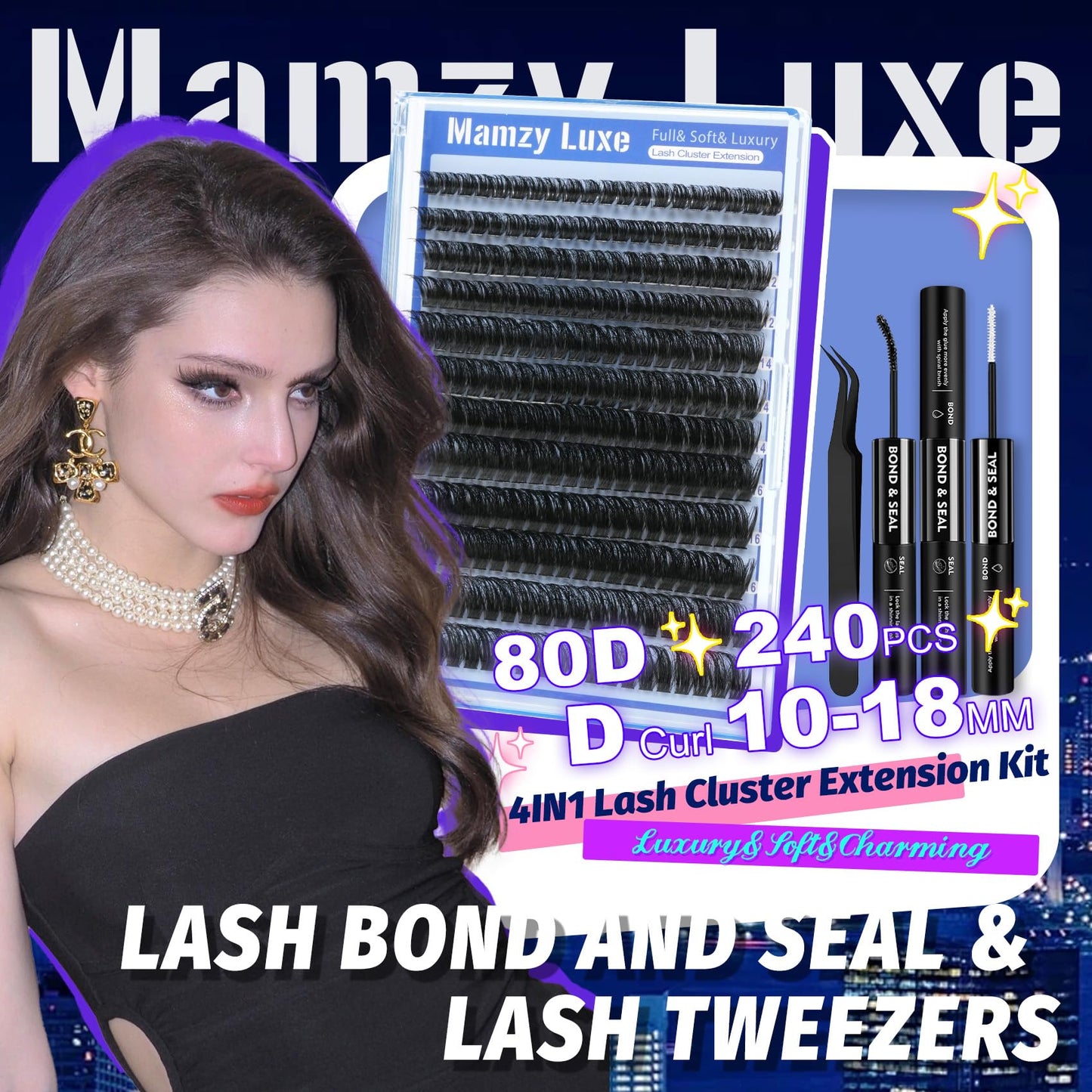 Lash Clusters Kit Wispy 10-18MM Eyelash Clusters Kit Full Volume D-curly False Eyelashes 80D Individual Lashes Clusters 3D Luxury Cluster Eyelash Extension Kit by MAMZY LUXE