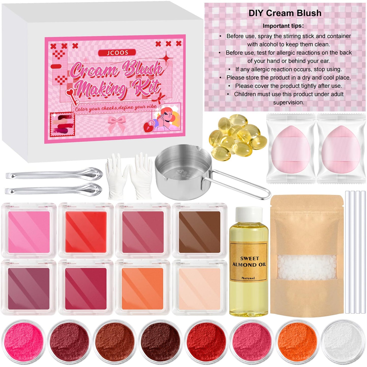 JCOOS DIY Blush Making Kit for Women | Make Your Own Cream Blush Eyeshadow Lip, Dewy Finish with Beeswax & Sweet Almond Oil, 8 Colors Pigment, Includes Puff Makeup