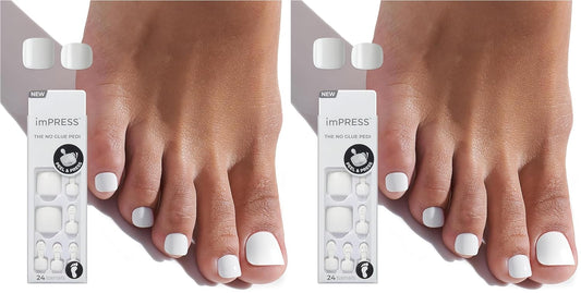KISS imPRESS Pedicure Press On Toenails, 'Angel Vibes', White, Short Squoval, Pedicure Nail Kit Includes 24 Press On Toenails, Prep Pad, Mini Nail File, & Pedicure Stick