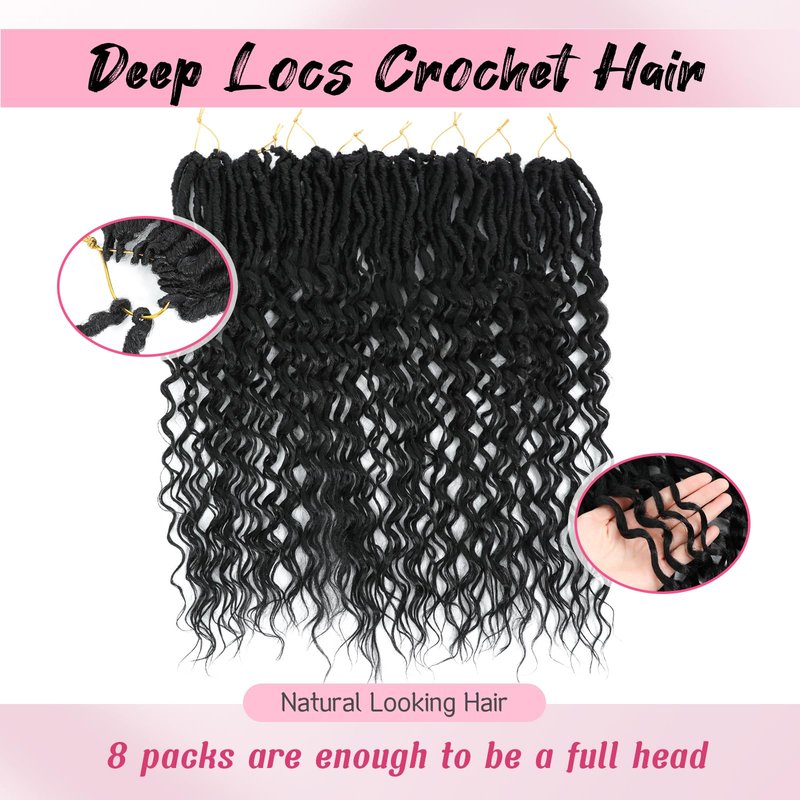24 Inch Deep Faux Locs Crochet Hair Goddess Locs Crochet Hair for Women Faux Locs Crochet with Curly Ends Pre Looped Deep Wave Soft Locs Synthetic Hair Extension 8 Packs Black Color