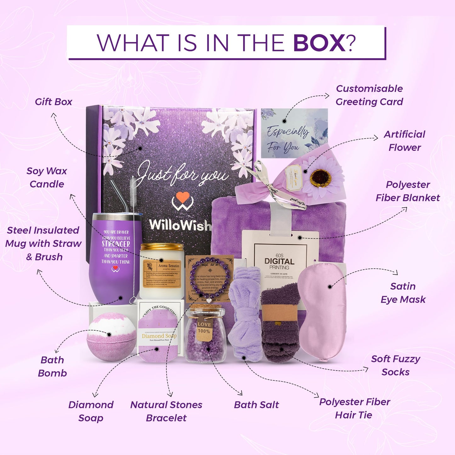 WilloWish Purple Care Package For Women - 15 PCs Get Well Gifts For Women After Surgery - Thinking of You Gifts - Get Well Soon Gift Baskets - Spa Self Care Gift
