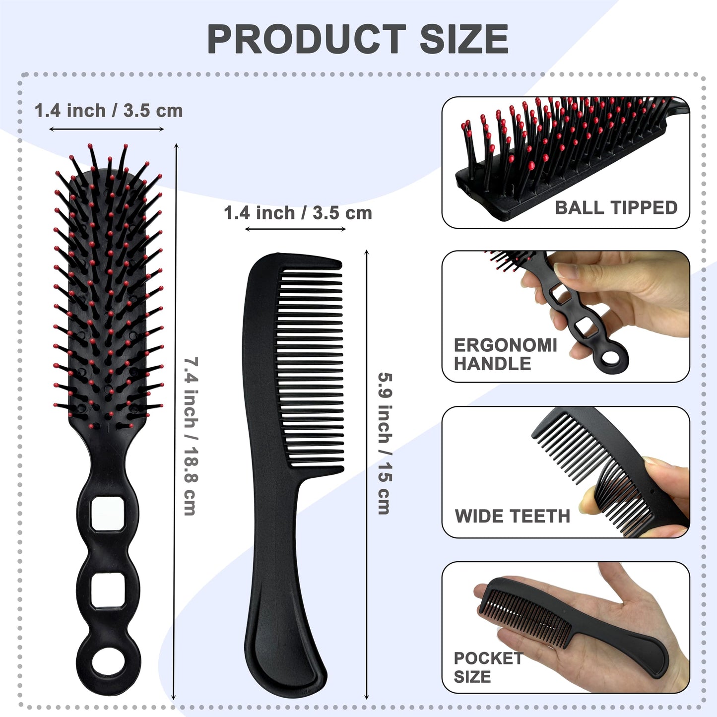 JoseHana Hair Brush and Comb Set, 100 Pcs Bulk for Homeless Individually Wrapped, Lightweight Hair Brush and Comb for Women Kids Hotel Travel (Black)
