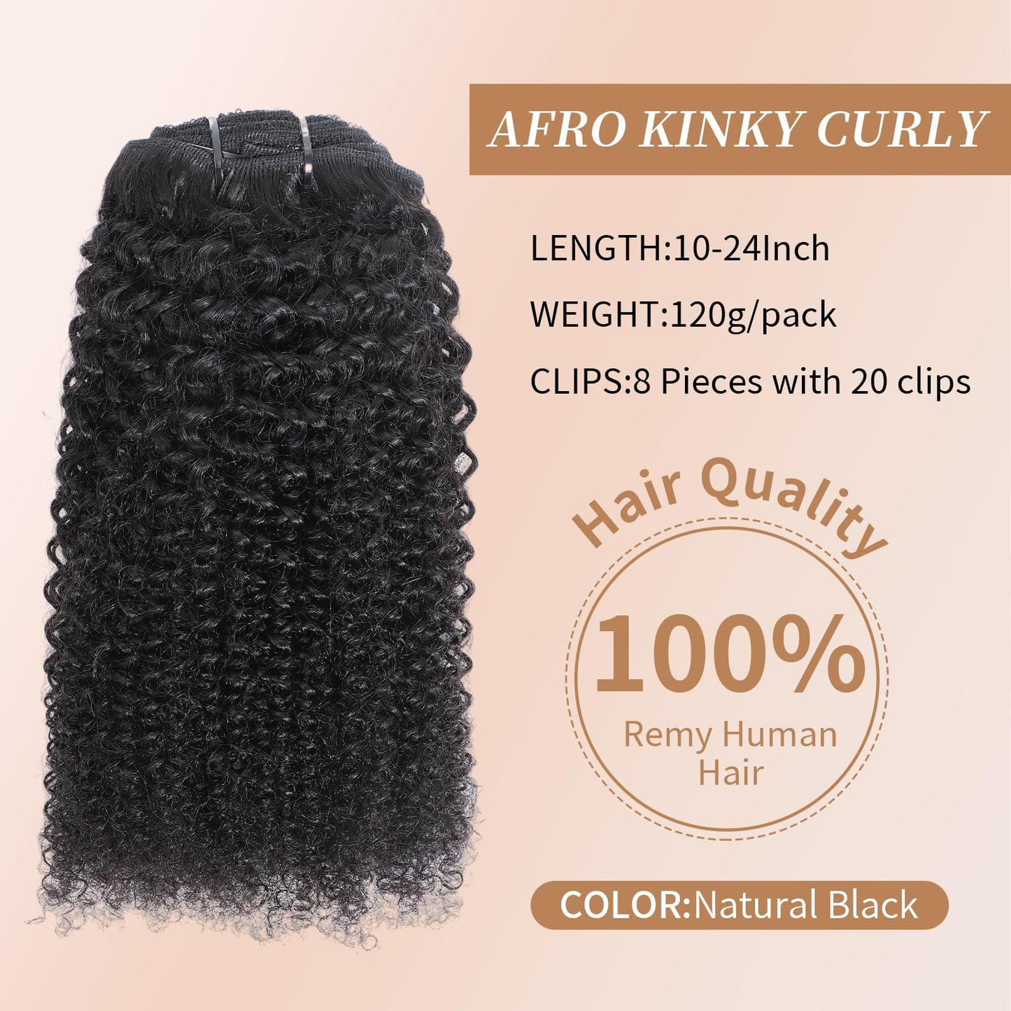 Afro Kinky Curly Clip Ins Human Hair 4C Hair Clip in Extensions Real Natural Human Hair for Black Women 8 pecs with 20 Clips 120g Natural Black Color 10 Inch