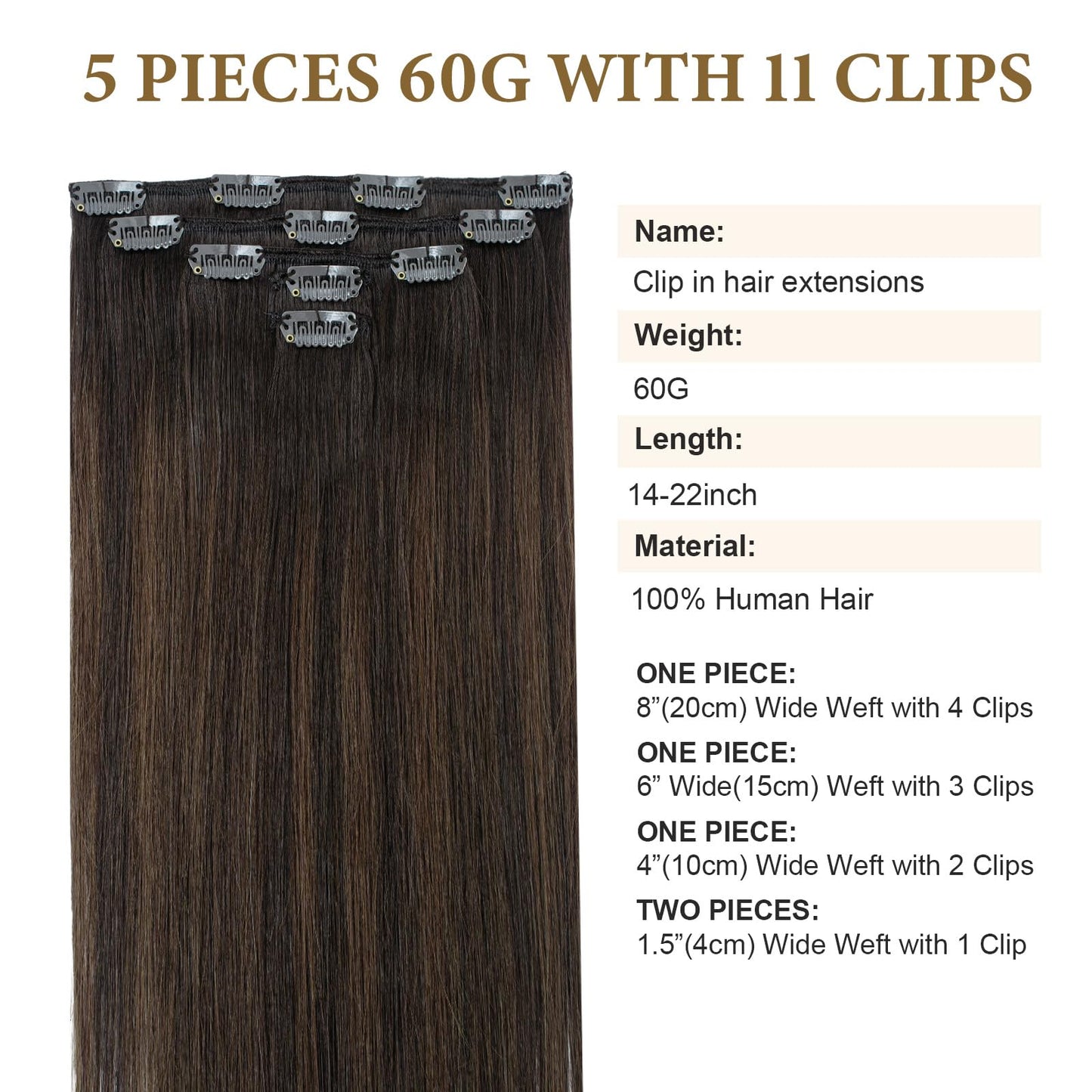 Ombre Hair Extensions Clip in Human Hair Remy Brazilian Clip on Real Human Hair Invisible Double Weft Balayage Dark Brown to Chestnut Brown 20 Inch 60G 5 PCS Natural Straight Clip ins Hair for Women
