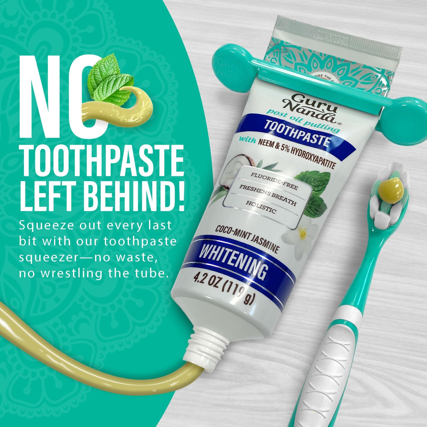GuruNanda Hydroxyapatite Toothpaste for Whitening with Neem & Xylitol, SLS & Fluoride Free Formula with Tongue Scraper & Squeezer - Freshens Breath, Fights Plaque - Natural CocoMint Jasmine, 4.2oz