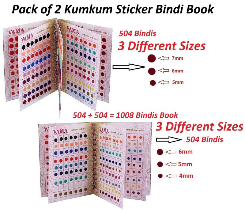 VAMA Fashions Plain Round Small Medium Bindis Book Kumkum Sticker Pottu Booklet for Girls & Women (2 Bindi Booklet 504+504 = 1008 Bindis Books) Small + Medium Multicolour
