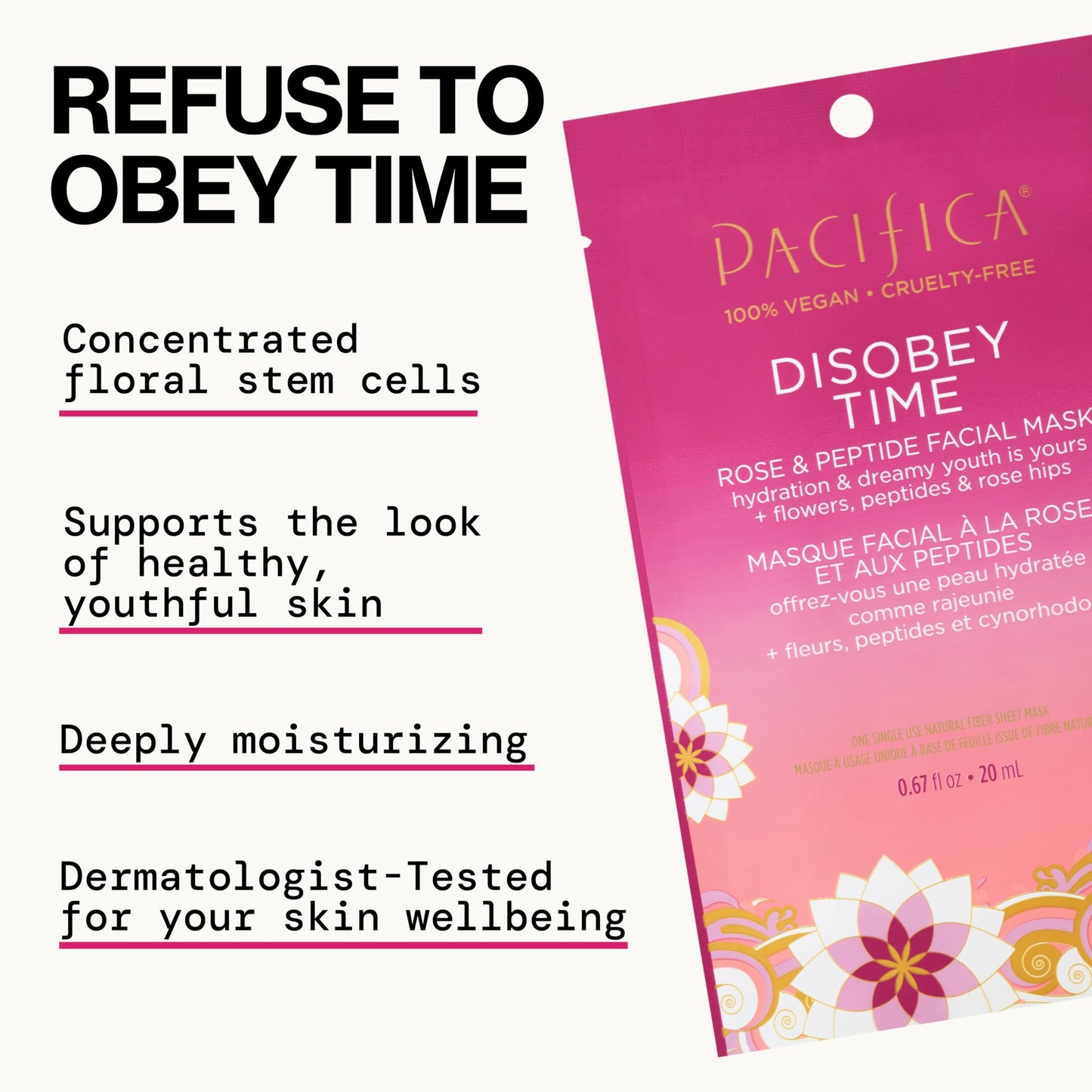 Pacifica Disobey Time Rose & Peptide Facial Sheet Mask 12-PACK Hydrating Anti-Aging Mask for Fine Lines & Dry Skin Infused w/Hyaluronic Acid & Chamomile Vegan & Cruelty-Free Dermatologist Tested