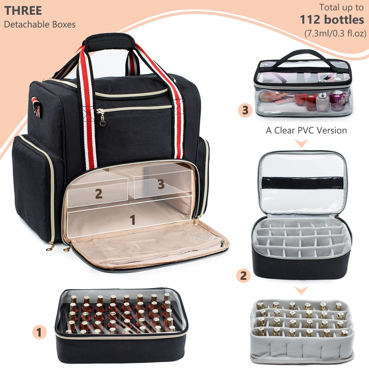 ELCUPA Large Nail Polish Organizer Holds 80 Bottles(15ml - 0.5 fl.oz) with 3 Removable Nail Polish Cases,Nail Organizers and Storage for Nail Tech Suppliers