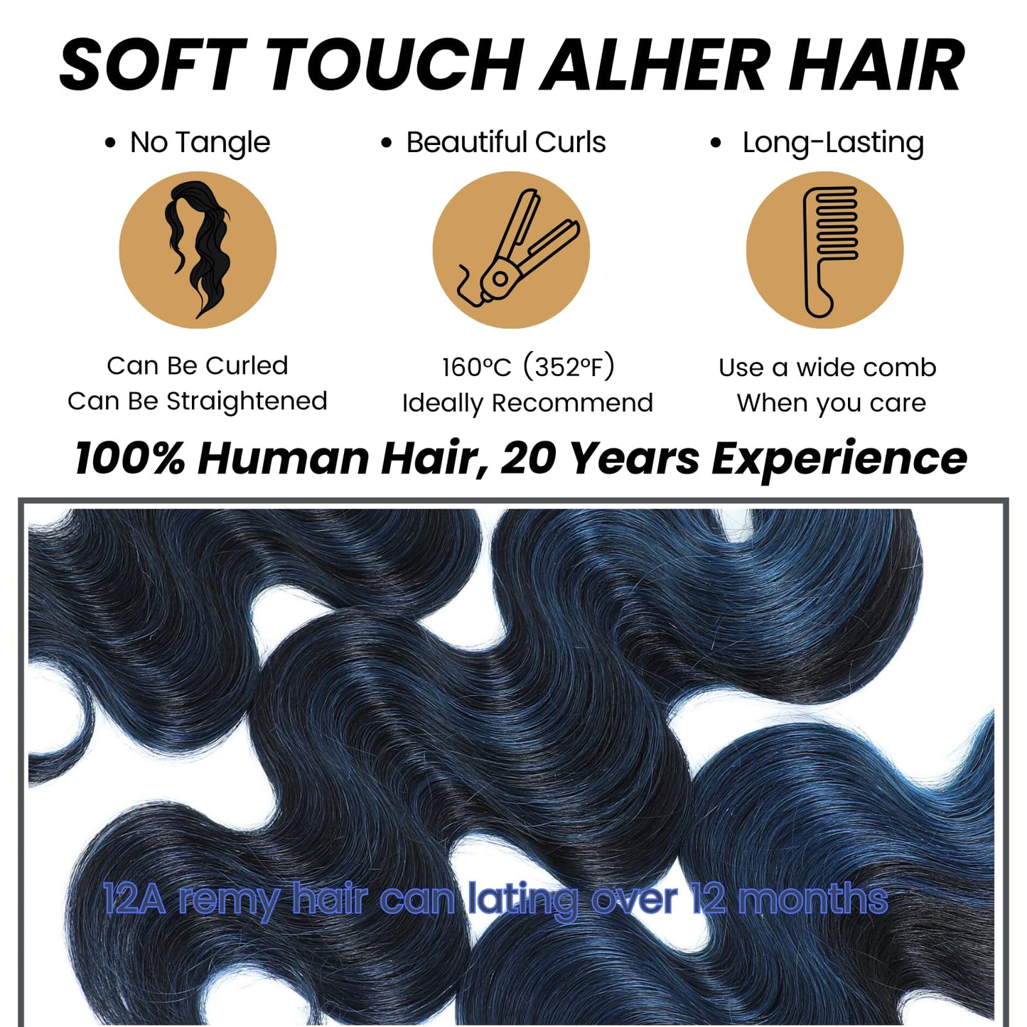 ALHER Black Mix Blue Highlight Body Wave Long Deep Part 2x6 Lace Closure, #1B/Blue Colored 2x6 Kim K Lace Closure Pre Plucked with Baby Hair, 12A 100% Brazilian Virgin Remy Human Hair 14 Inch