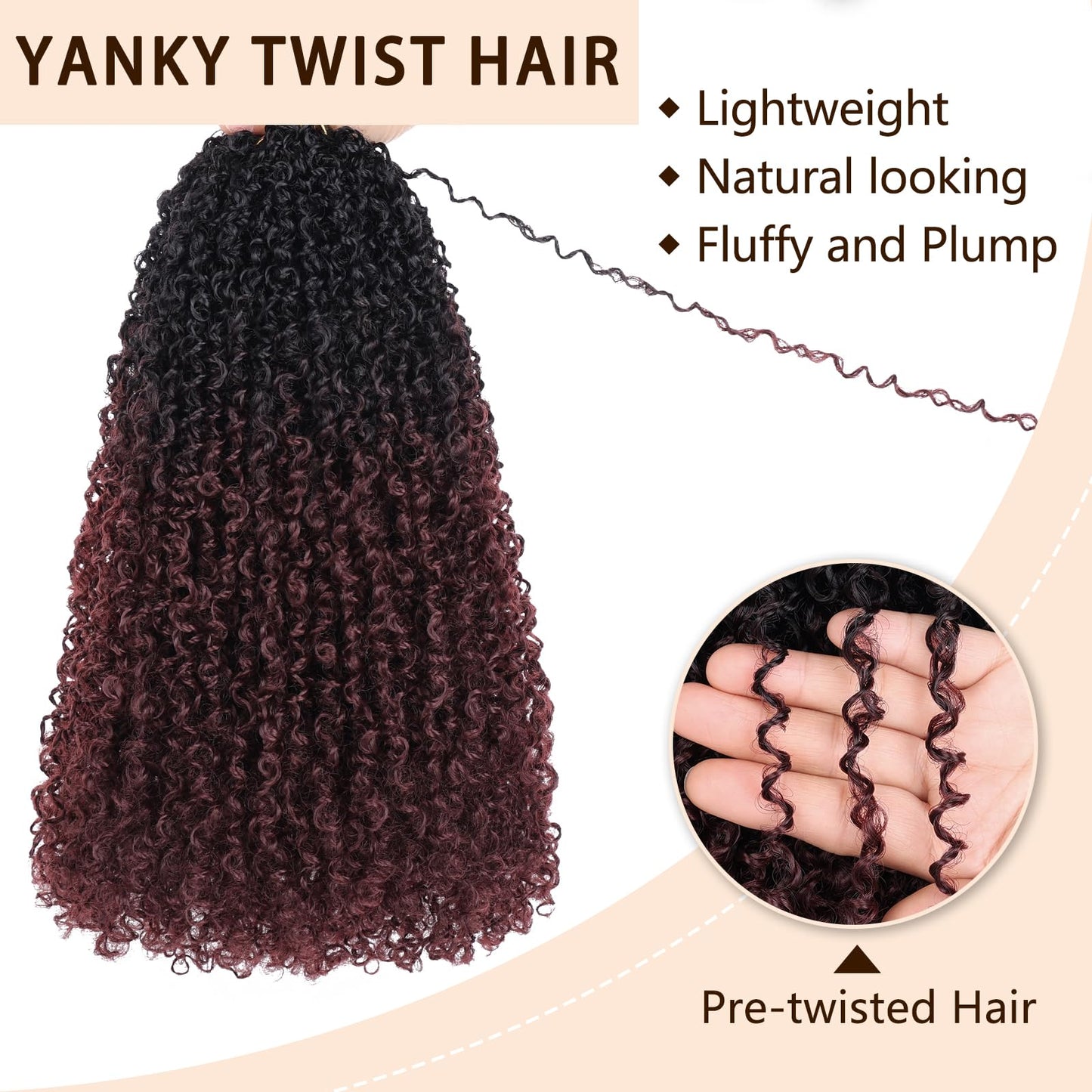 COOKOO 12 Inch Pre-Looped Yanky Twist Crochet Braiding Hair - 8 Packs Fluffy Marlybob Short Spring Braids Synthetic Hair Extensions for Women (1B/99j#)