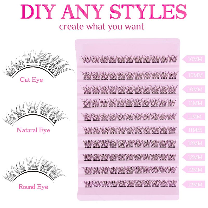 SLSXNL Lash Clusters Wispy Natural D Curl Eyelash Extension DIY 10-12MM Mixed Fluffy Individual Lashes Thin Band 110pcs,10mm 11mm 12mm False Eyelashes