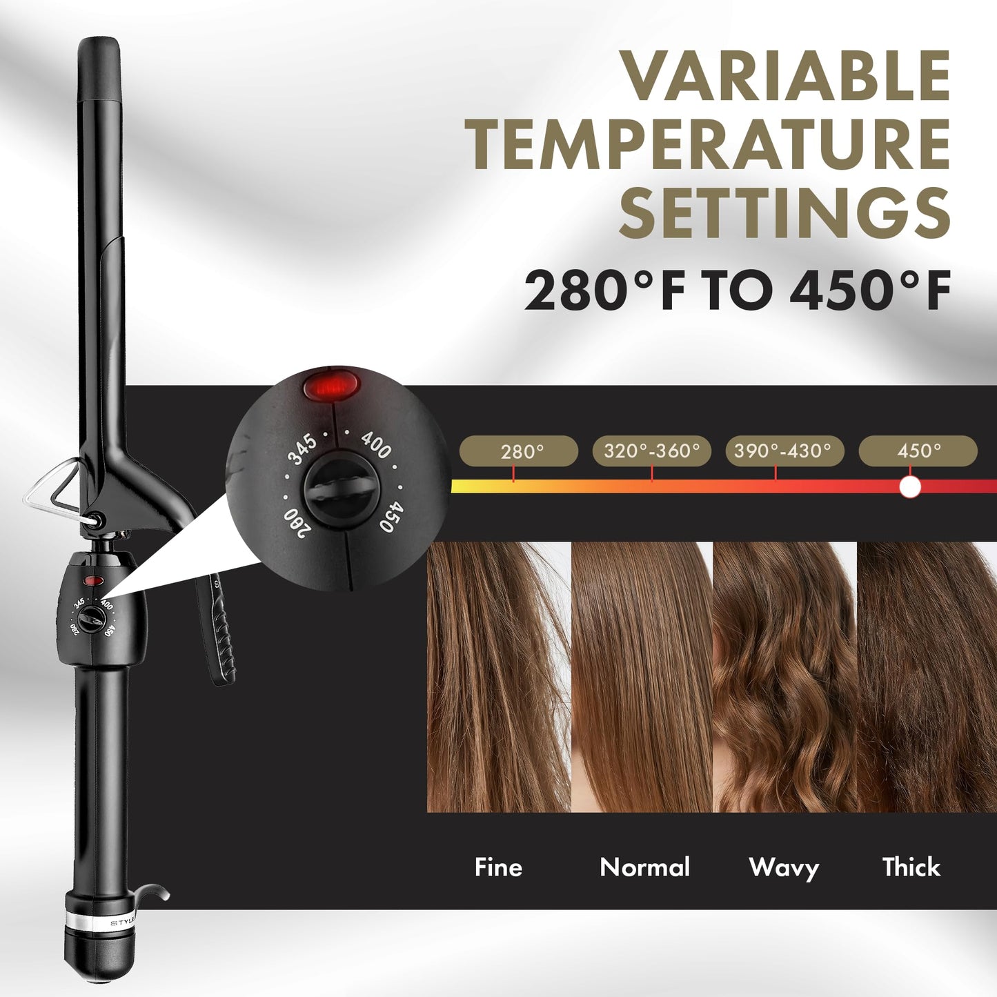 StyleCraft Stay-Temp Black Gold Ceramic 3/4” Long Barrel Curling Iron - 7" Extra-Long Barrel for Professional Styling, Infinite Temperature Control (280°F–450°F), Ideal for Long & Thick Hair