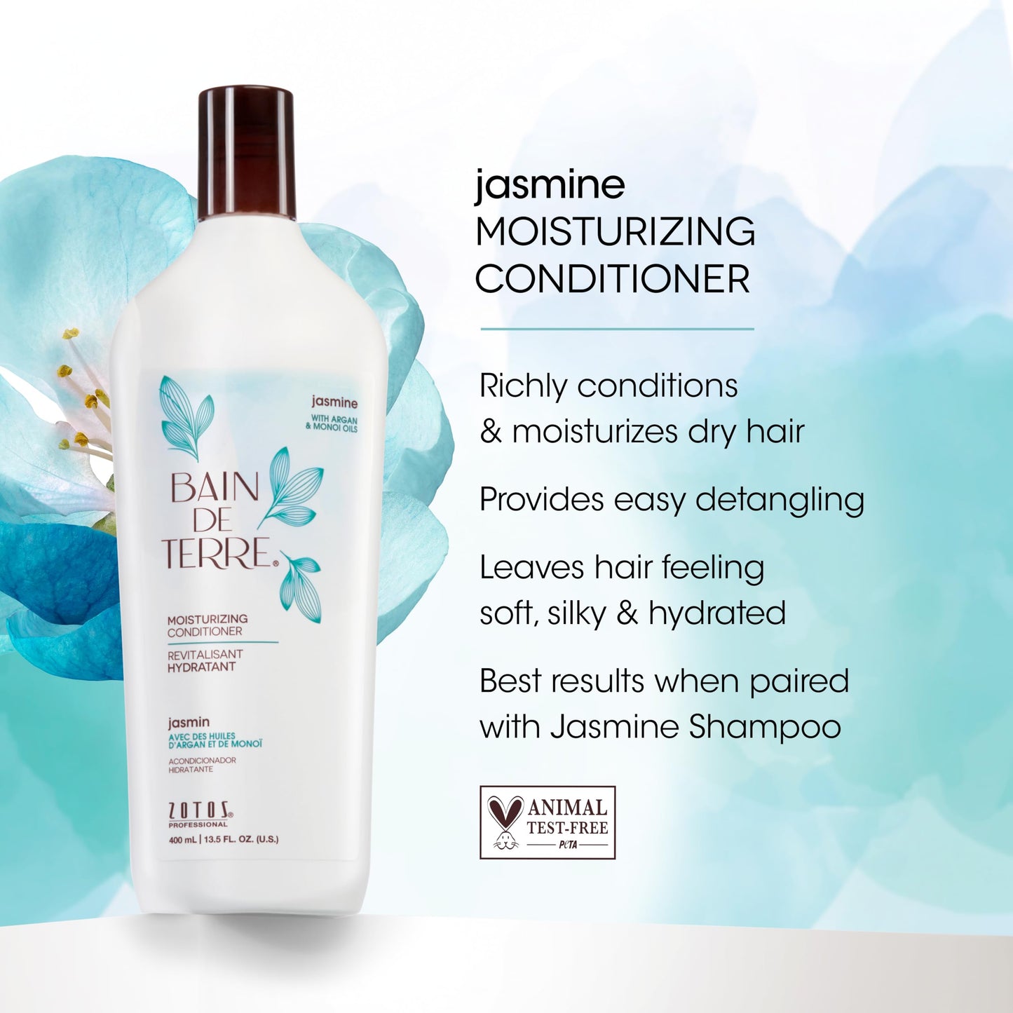 Bain de Terre Moisturizing Shampoo and Conditioner Set | Jasmine | Hydrates & Moisturizes Dry, Damaged Hair | Argan & Monoi Oils | Paraben Free | Color-Safe | 33.8 Fl Oz