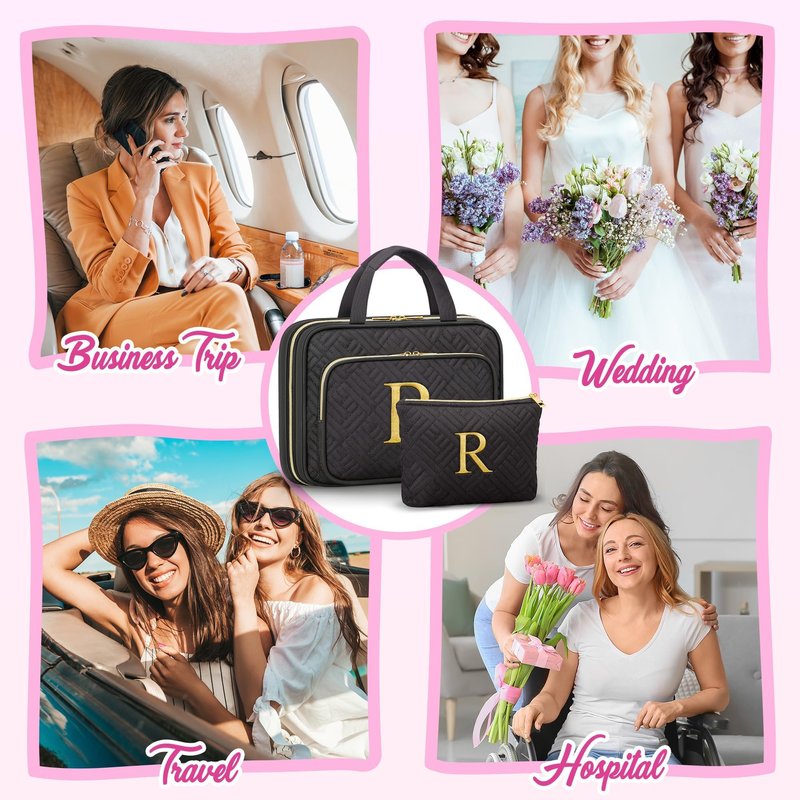 Gifts for Women, Initial Toiletry Makeup Bag Hanging Cosmetic Organizer with Embroidery Letter Personalized Nurse Teacher Appreciation Birthday Mothers Day Gifts for Mom Sister Wife Friends Auntie Her