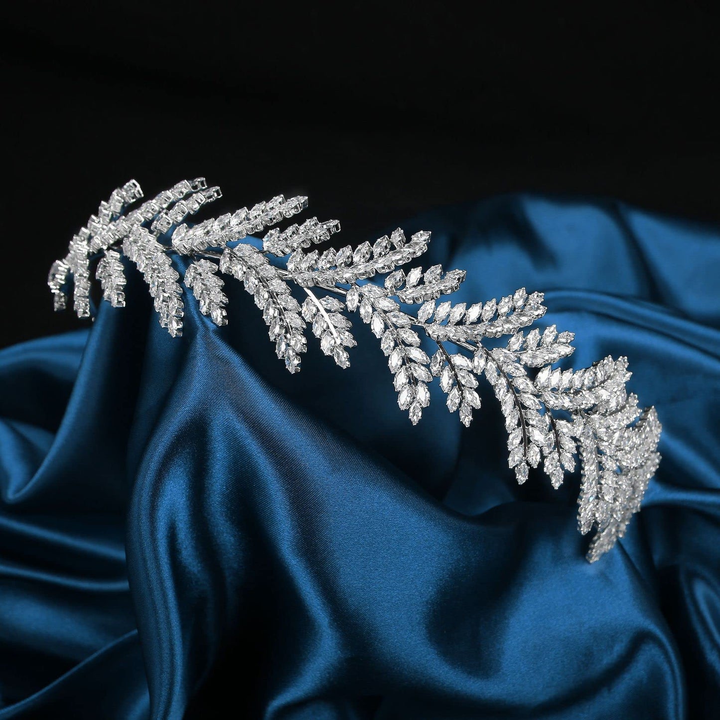 QXMYOO Wedding Headpiece for Bride Cubic Zirconia Wheat-Inspired Bridal Headband Flexible Silver Head Piece Hair Accessories
