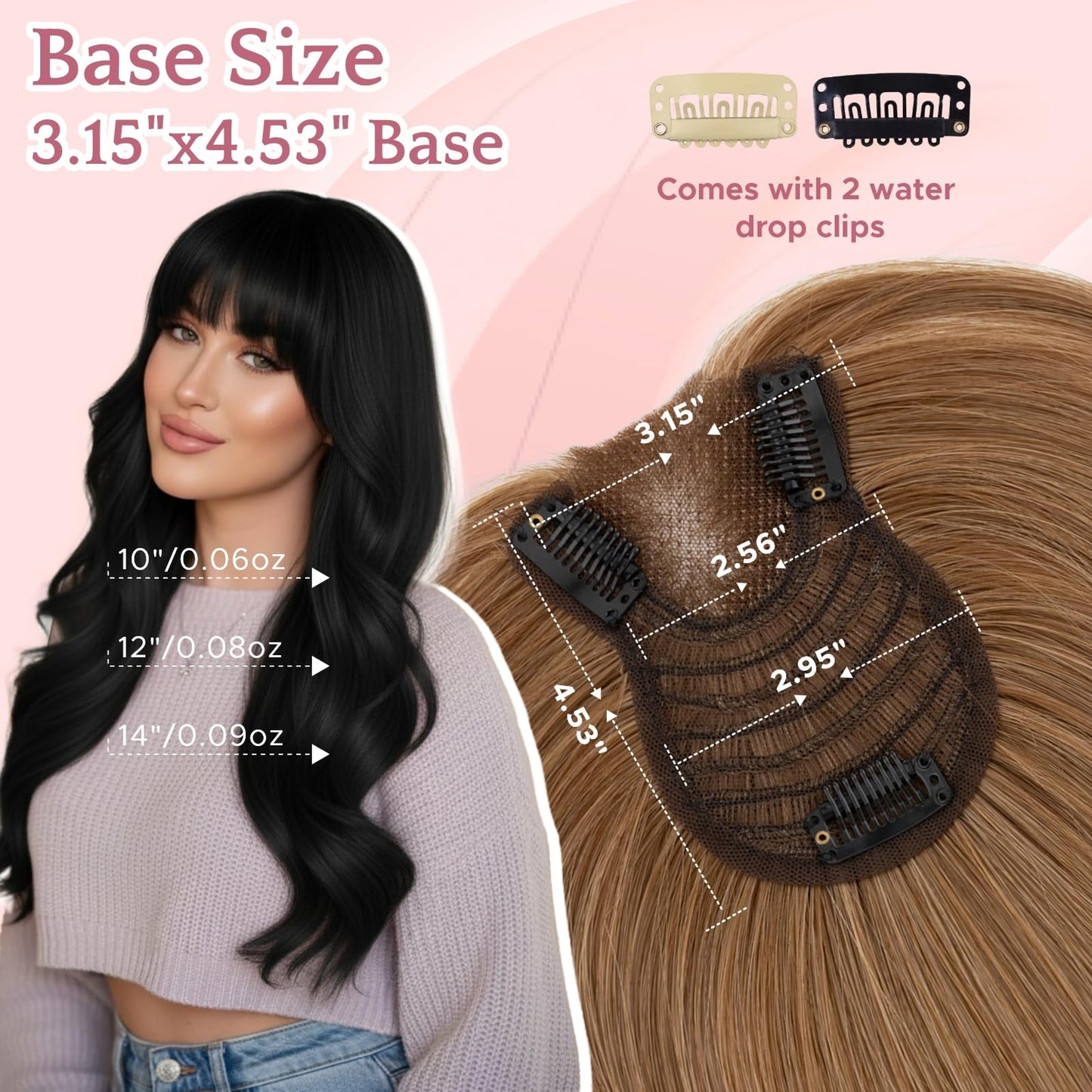 SEGO Pro Hair Topper with Front Bangs, 10 Inch Human Hair Topper for Thinning Hair, 3.15"x4.53" Silk Base for Hairline & Part Coverage, #6 Light Brown