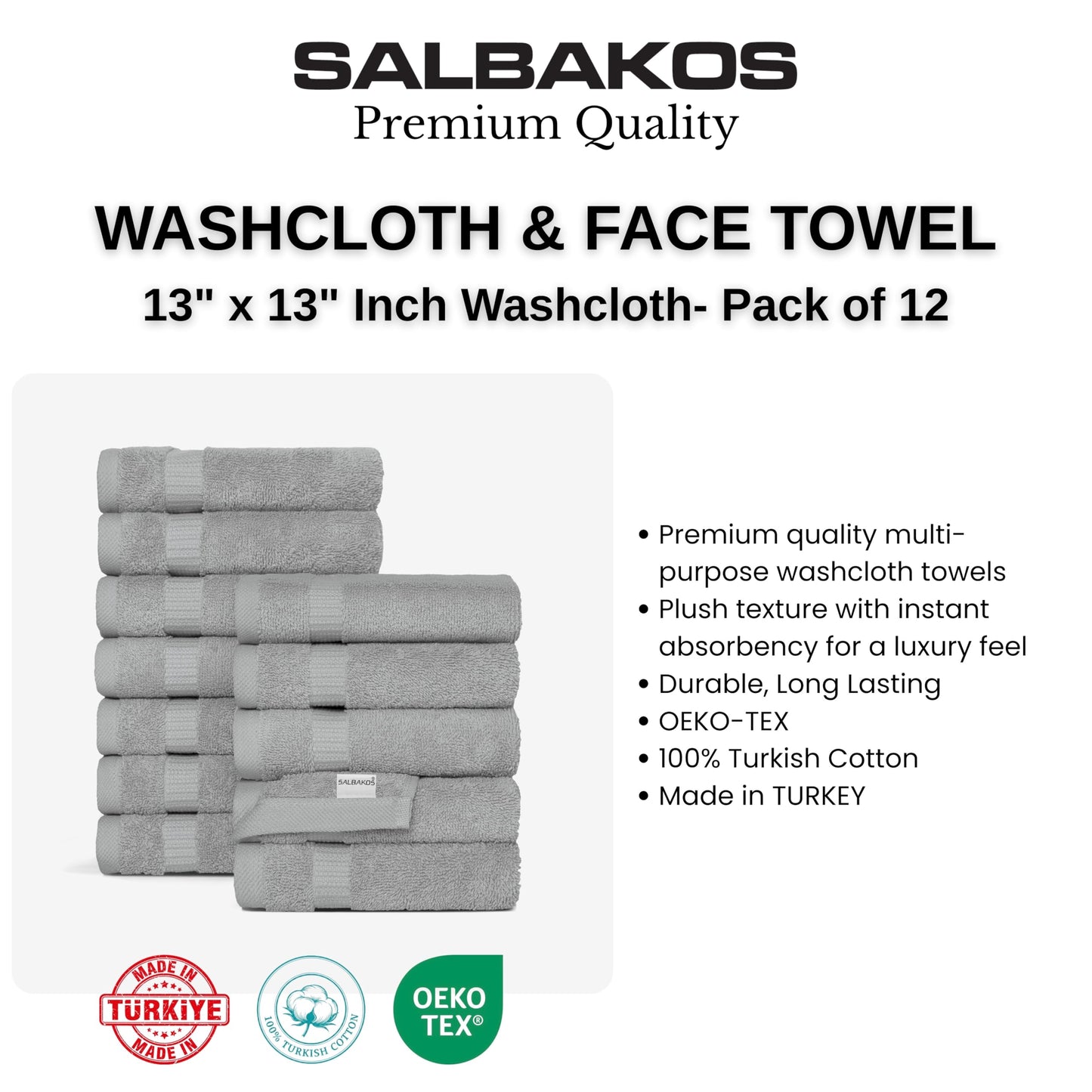 SALBAKOS 100% Turkish Cotton Washcloth Set of 12, 13x13 inch | Premium Quality | Hotel & Spa Collection | Ultra Soft, Super Absorbent, Wash Cloth Towels | Made in Turkey (Silver 12 Pcs Washcloth)