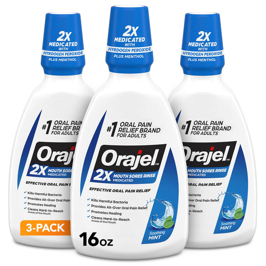 Orajel Nonseptic Mouth Sore Rinse 16oz, Soothing Mint Flavor, Provides Pain Relief, Promotes Healing, 3-Pack