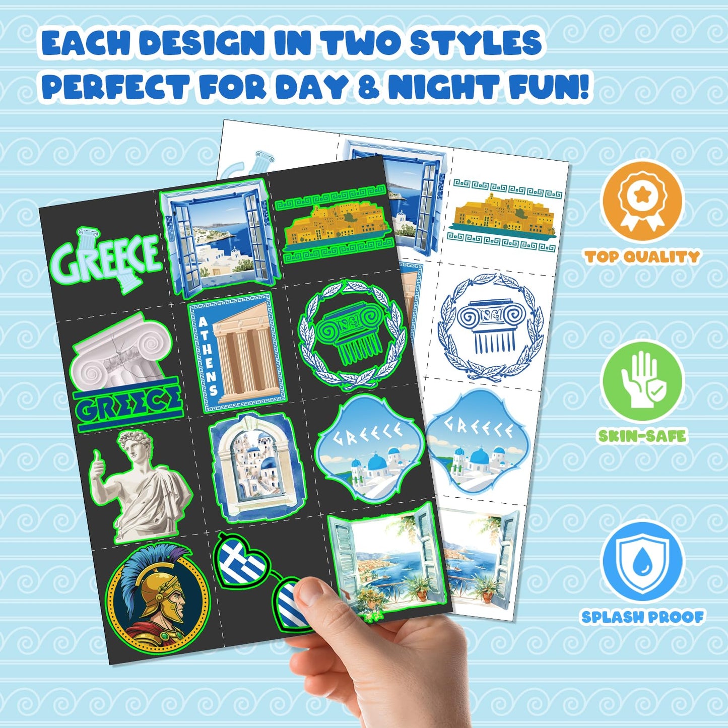 96 PCS Greek Mythology Party Favors Set – 72 Pre-Cut Temporary Tattoos & 24 Slap Bracelets, Perfect for Cultural Festivals & Travel-Inspired Celebrations