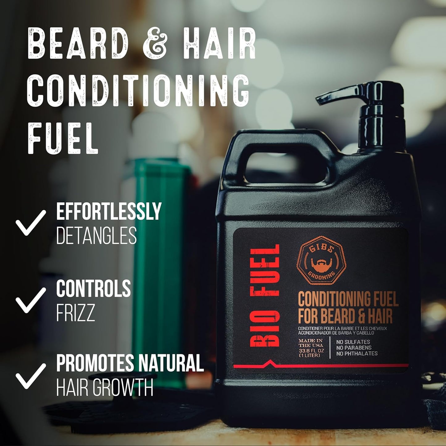GIBS Grooming Bio Fuel | Conditioning Beard & Hair Growth Oil - Mango Butter, Caffeine, Biotin | 33.8 oz