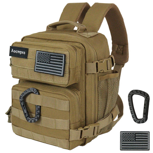 Aocmpxs Mini Tactical Backpack, 9L Small Gym Backpacks Sport Bag for Men Women Molle Military Pack with US Flag Patch and Carabiner (Tan)