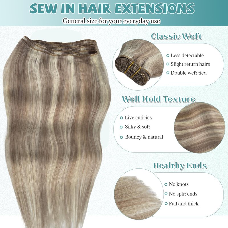 Sew in Hair Extensions Real Human Hair, Ombre Brown to Platinum Blonde Highlighted Weft Hair Extensions Human Hair 80G Double Weft Hand Tied Human Hair Extensions Sew in Bundles 16 Inch