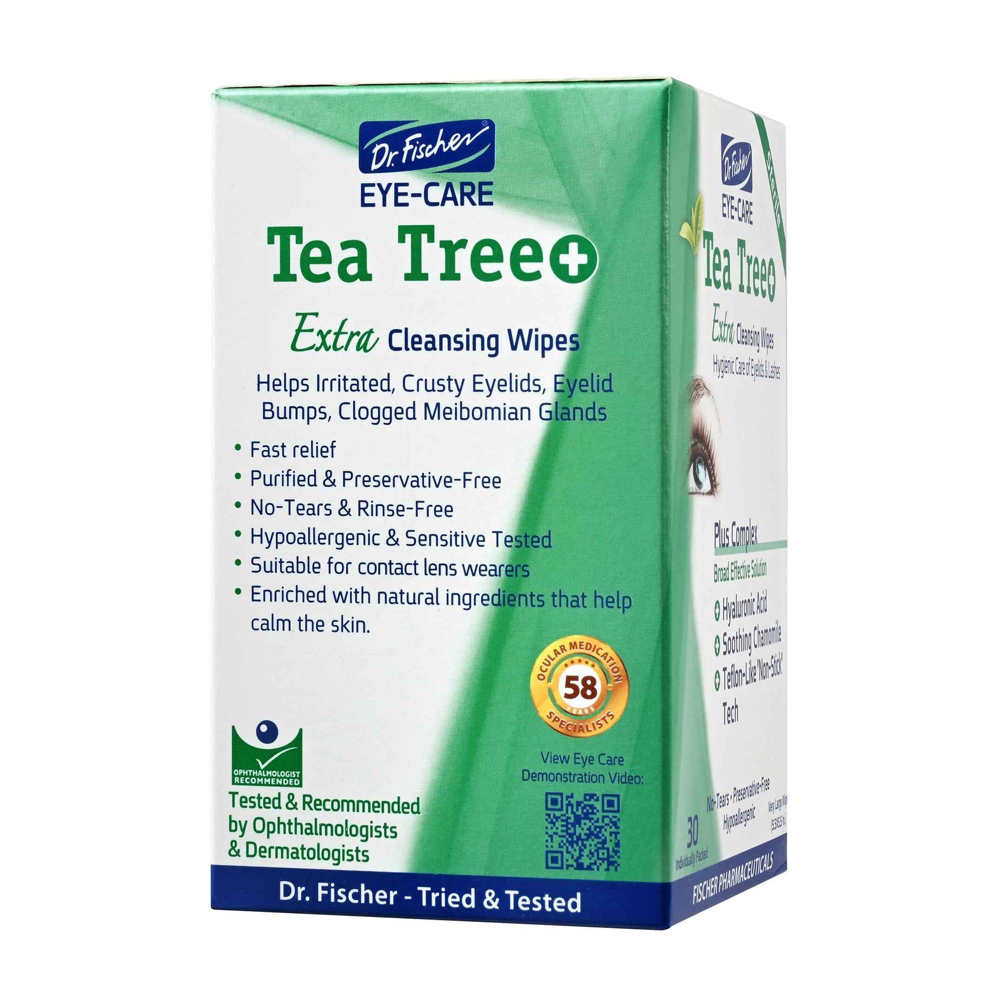 Dr. Fischer Tea Tree Oil Eye Wipes - Eyelid Wipes for Sensitive Eyes with Hyaluronic Acid and Chamomile, Makeup Remover, Daily Cleanser (30 wipes)