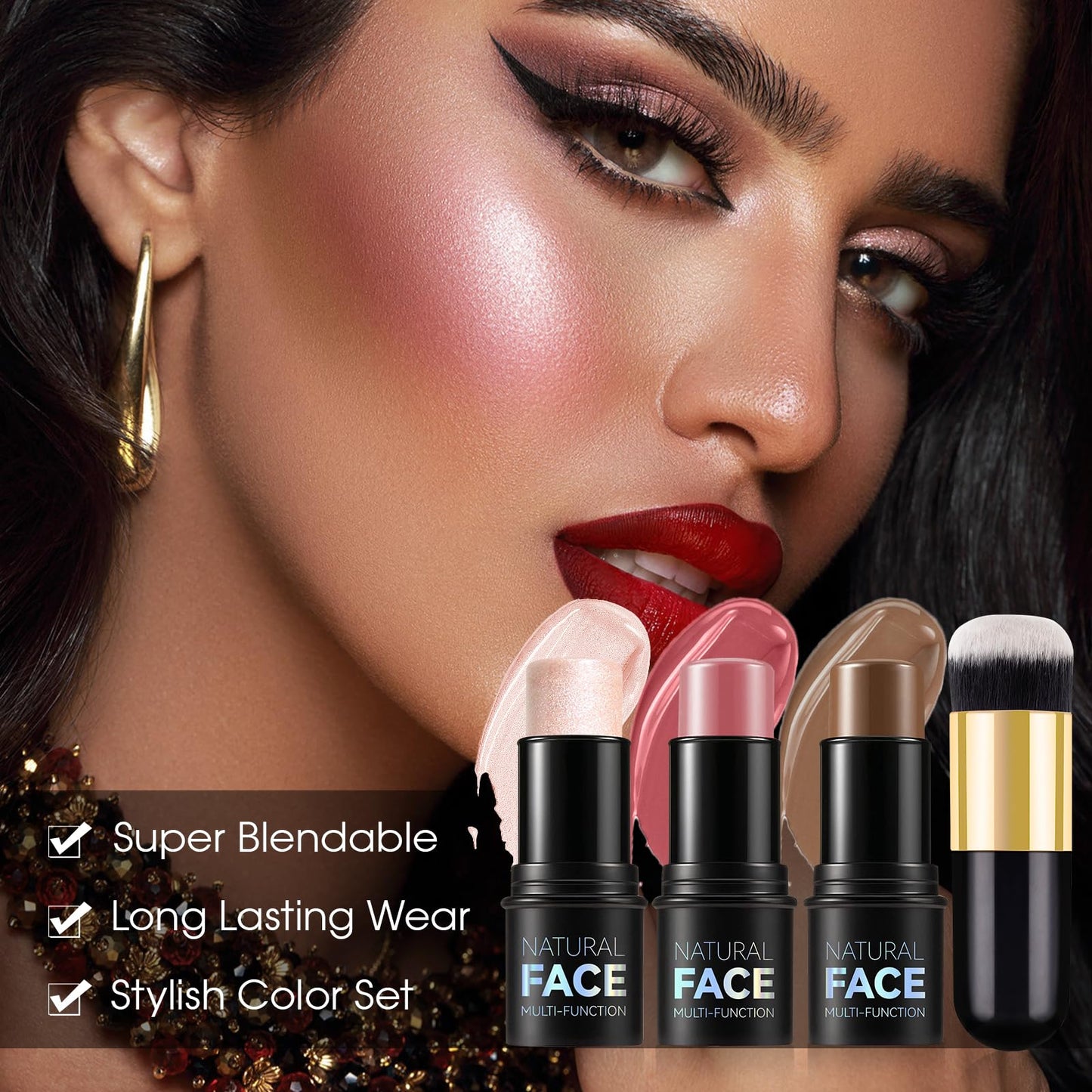 LSxia 3Pcs Cream Contour Kit - Cream Blush, Highlighter, Contour Bronzer for Cheeks, Waterproof Long Lasting Blendable, Contour Stick Trio for Face Makeup (#02, 05, 06)