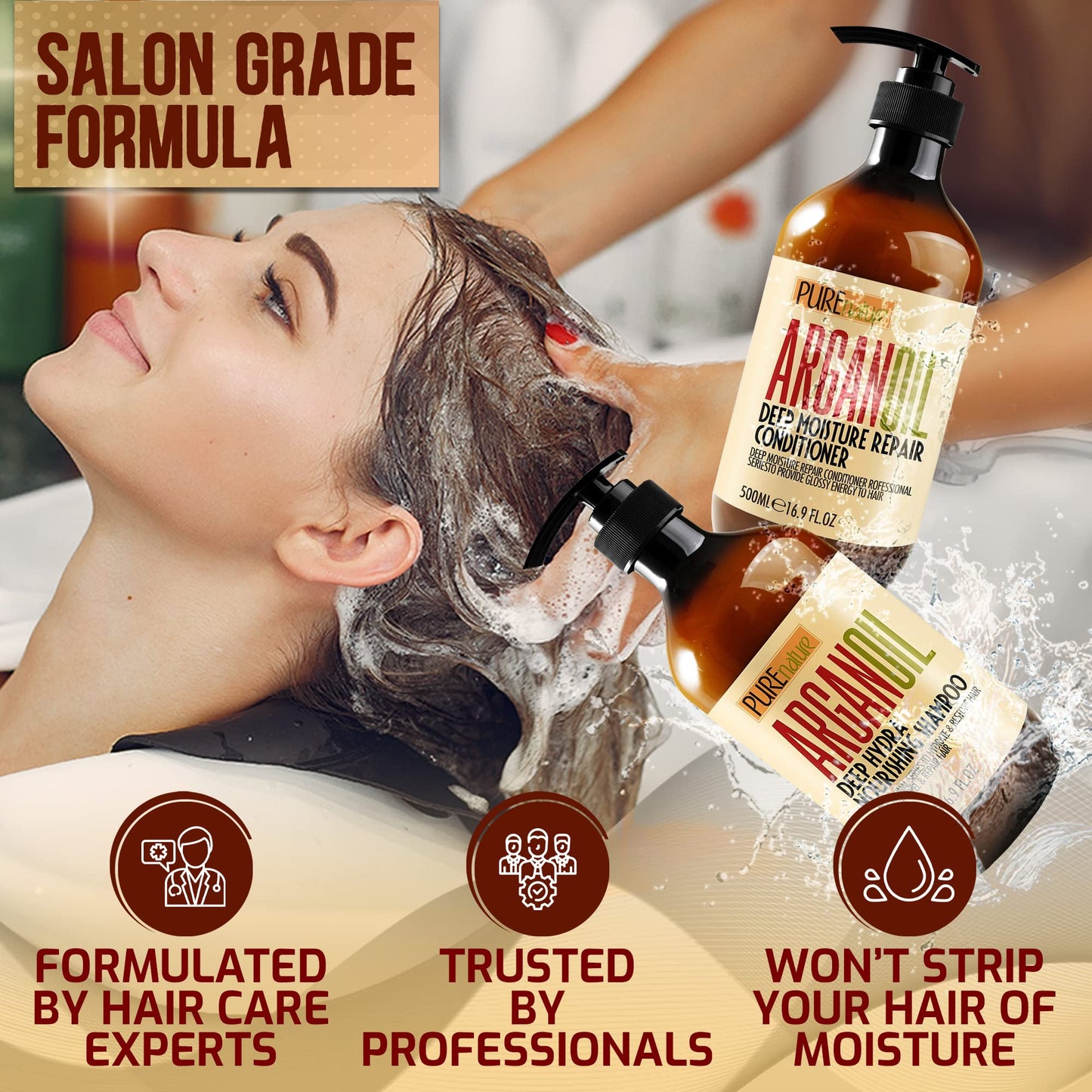 PURE NATURE Moroccan Argan Oil Shampoo and Conditioner and Hair Serum with Biotin, Castor, Rosemary Oil