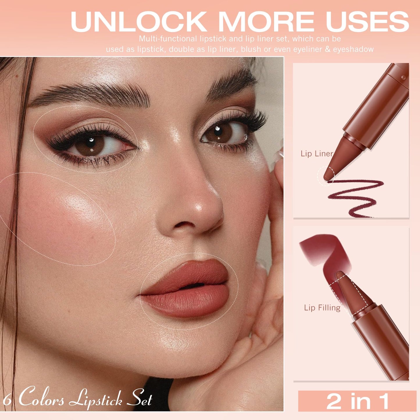 Wugbc Brown Lip Liner Set 6 Colors 2 in 1 Gradient Lip Liner and Lipstick Combo Long lasting Dark Brown Red Creamy Lip Pencil Contour Matte Lipstick for Women Smooth High Pigmented Crayon Cone Tip