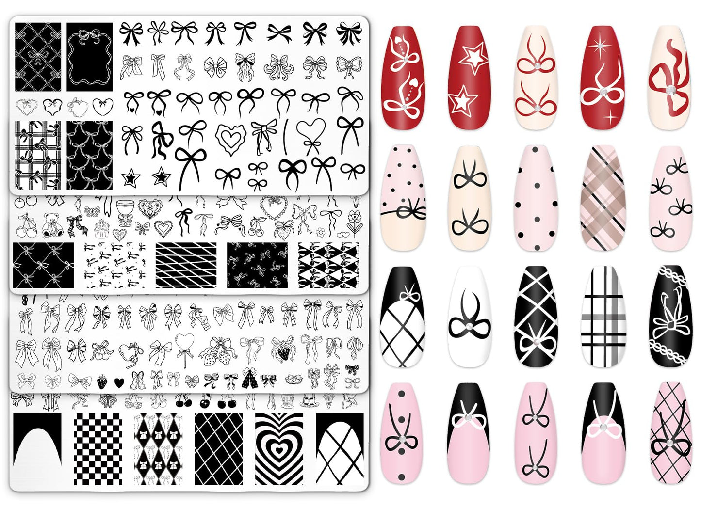 JarThenaAMCS 4Pcs Bow Nail Plates Stamping Set Heart Bear Bowknot Stamp Templates Nail Art Plates for Coquette DIY Print Manicure Salon Design
