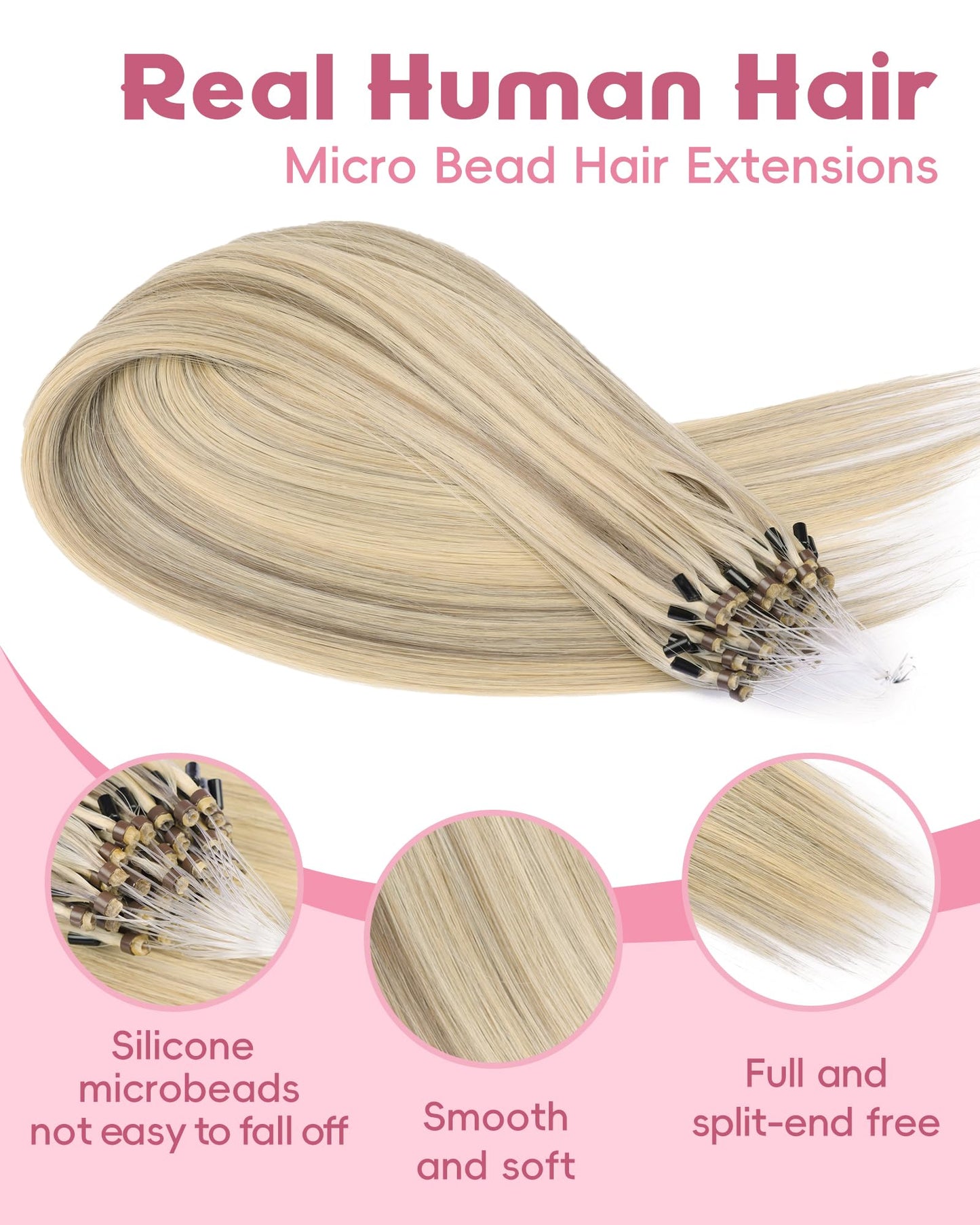 KiiKiiGirl Microlink Hair Extensions Human Hair,14 Inch #16/60 Blonde Highlight Golden Mixed Grayish Brown Micro Loop Microbead Micro Link Hair Extensions Human Hair Invisible Straight 30g/43s