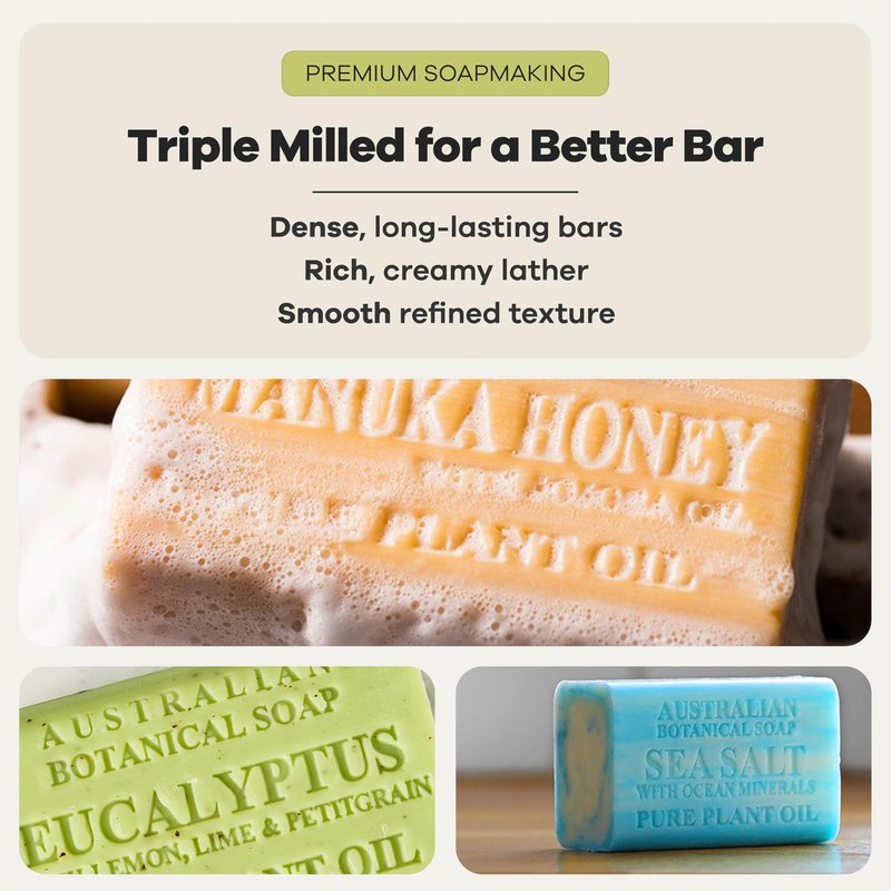 Australian Botanical Soap Variety Pack, 6.6 oz Bars – Goat Milk, Eucalyptus, Manuka Honey, Sea Salt, Pink Lychee, Lemongrass, Raspberry, Valencia Orange – Enriched with Organic Shea Butter, Pack of 8