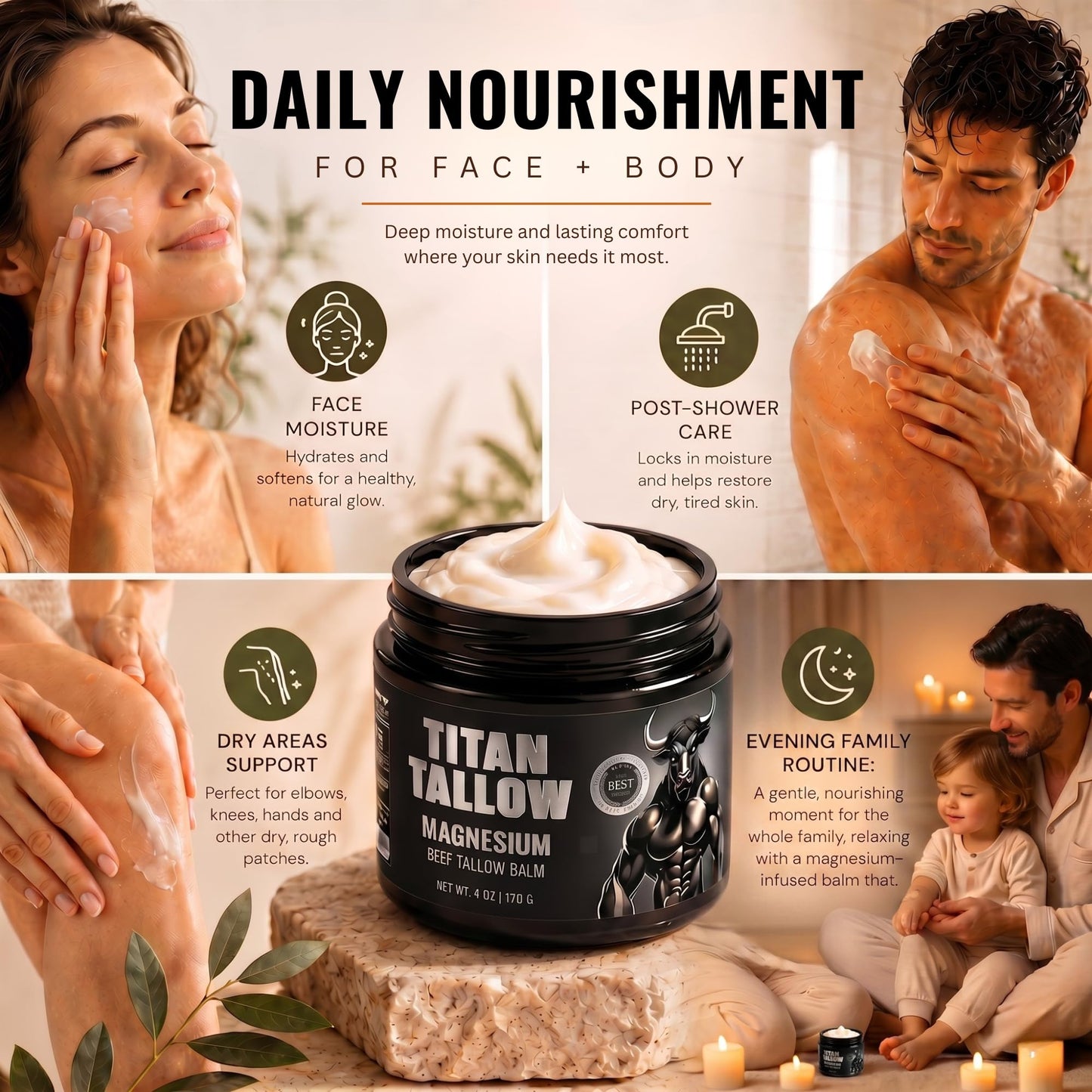 Titan Tallow Balm for Face and Body with Magnesium - Grass-Fed, Grass-Finished Beef Tallow Moisturizer with Manuka Honey, Jojoba Oil, Rosehip Oil, Calendula Extract, and Vitamin E