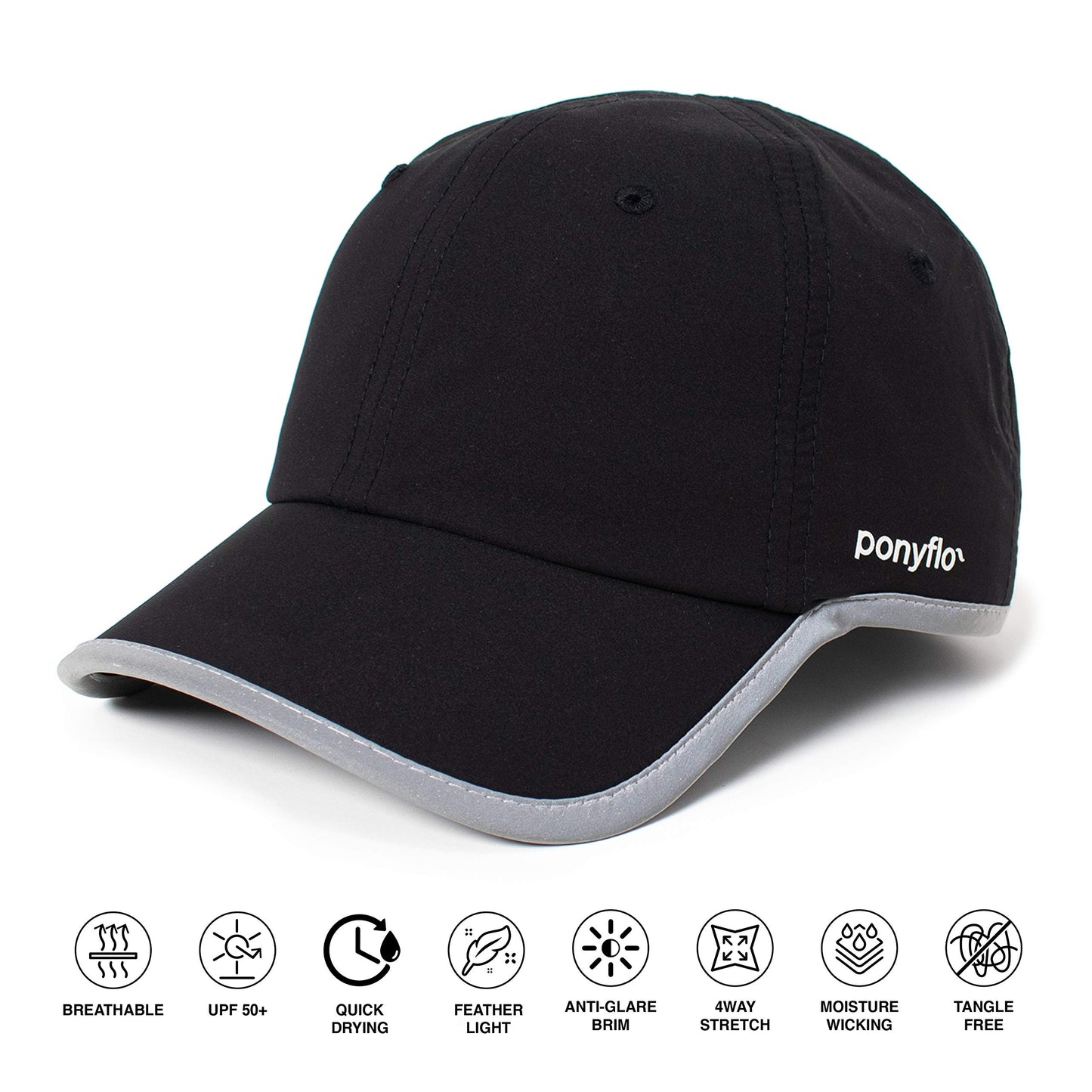 Ponyflo 360 Reflective Performance Ponytail Running Hat, Patented Women’s High Ponytail Baseball Cap, Black