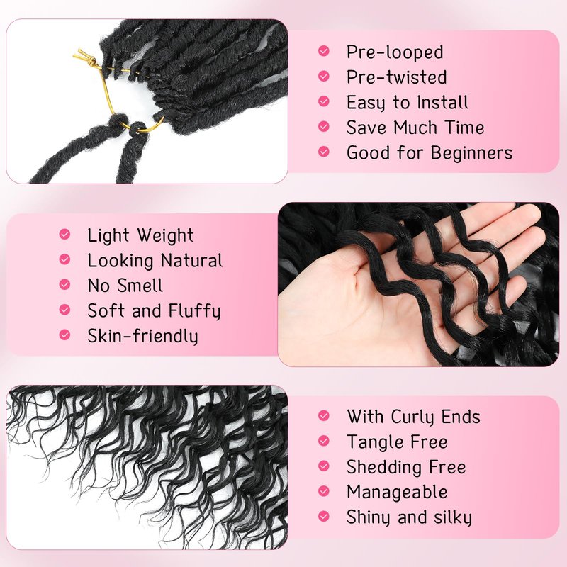 24 Inch Deep Faux Locs Crochet Hair Goddess Locs Crochet Hair for Women Faux Locs Crochet with Curly Ends Pre Looped Deep Wave Soft Locs Synthetic Hair Extension 8 Packs Black Color