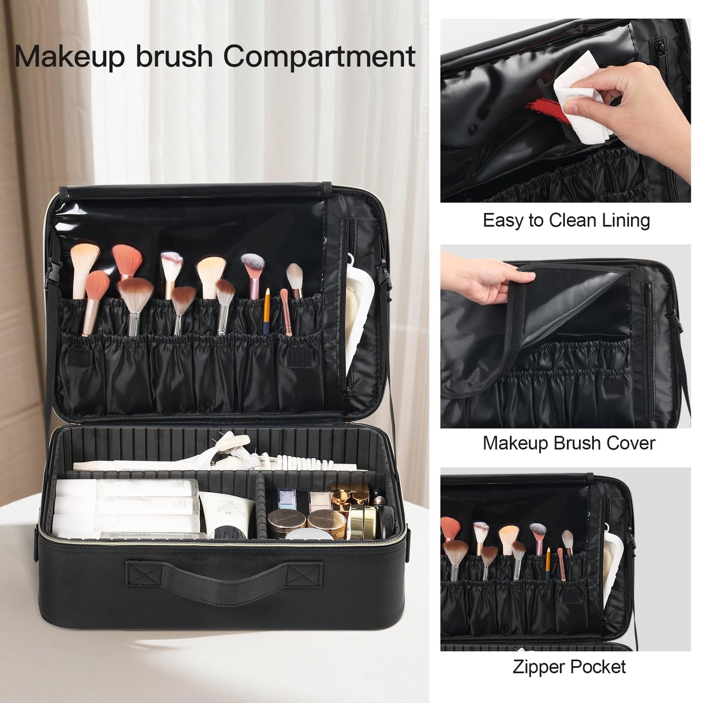 Makeup Travel Case, 16 Inch Makeup Artist Bag with Compartment and Dividers, Portable Cosmetic Bag for Women with Brush Storage Sturdy Dual Zip Closure, Waterproof, Durable, Gift for Her, Black