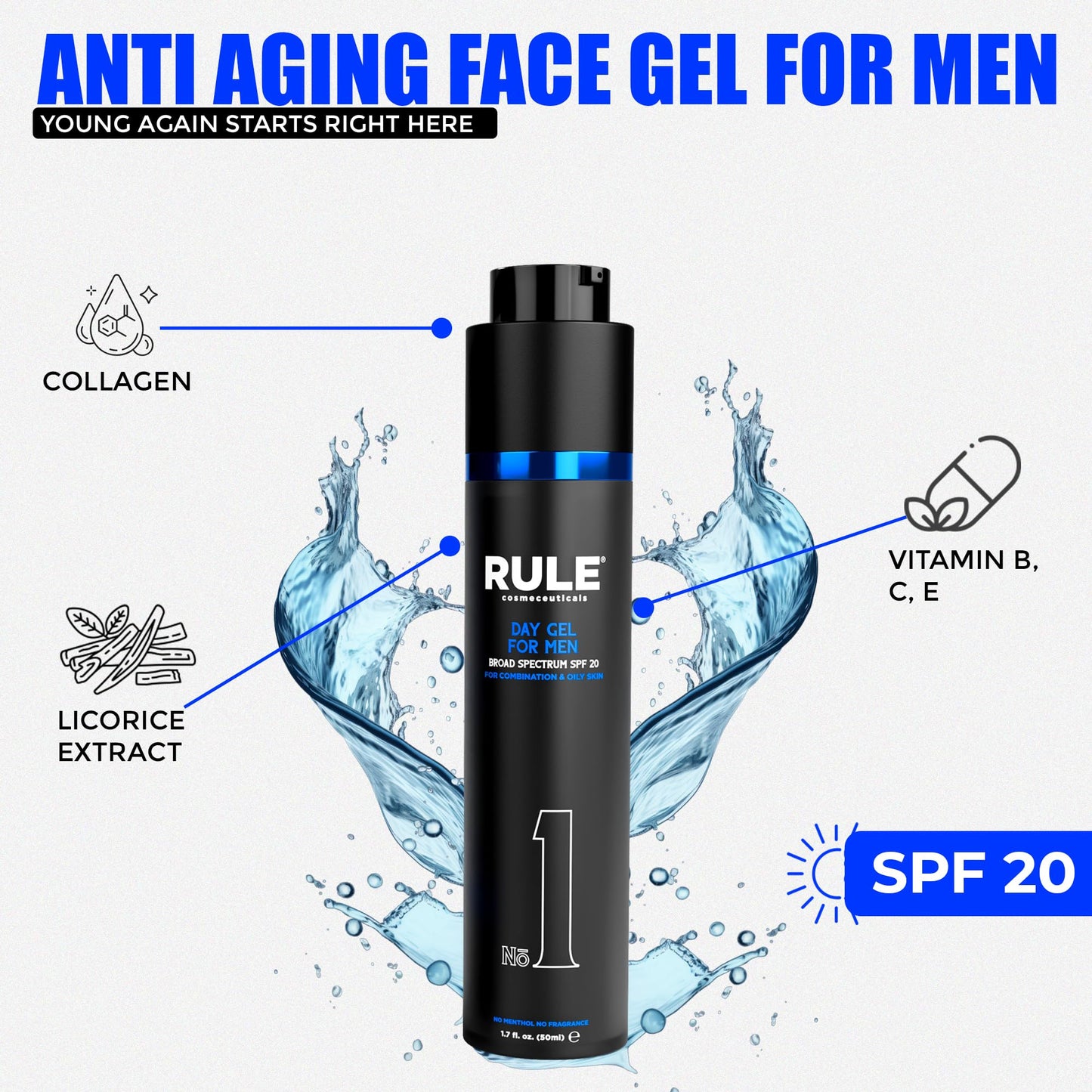 RULE COSMECEUTICALS No.1 Day Gel for Men, 10-in-1 Anti-Aging Face Moisturizer to Reduce Wrinkles, SPF 20, Collagen, Vitamins B, C & E - Combination & Oily Skin - No Menthol, No Fragrance, 50 mL