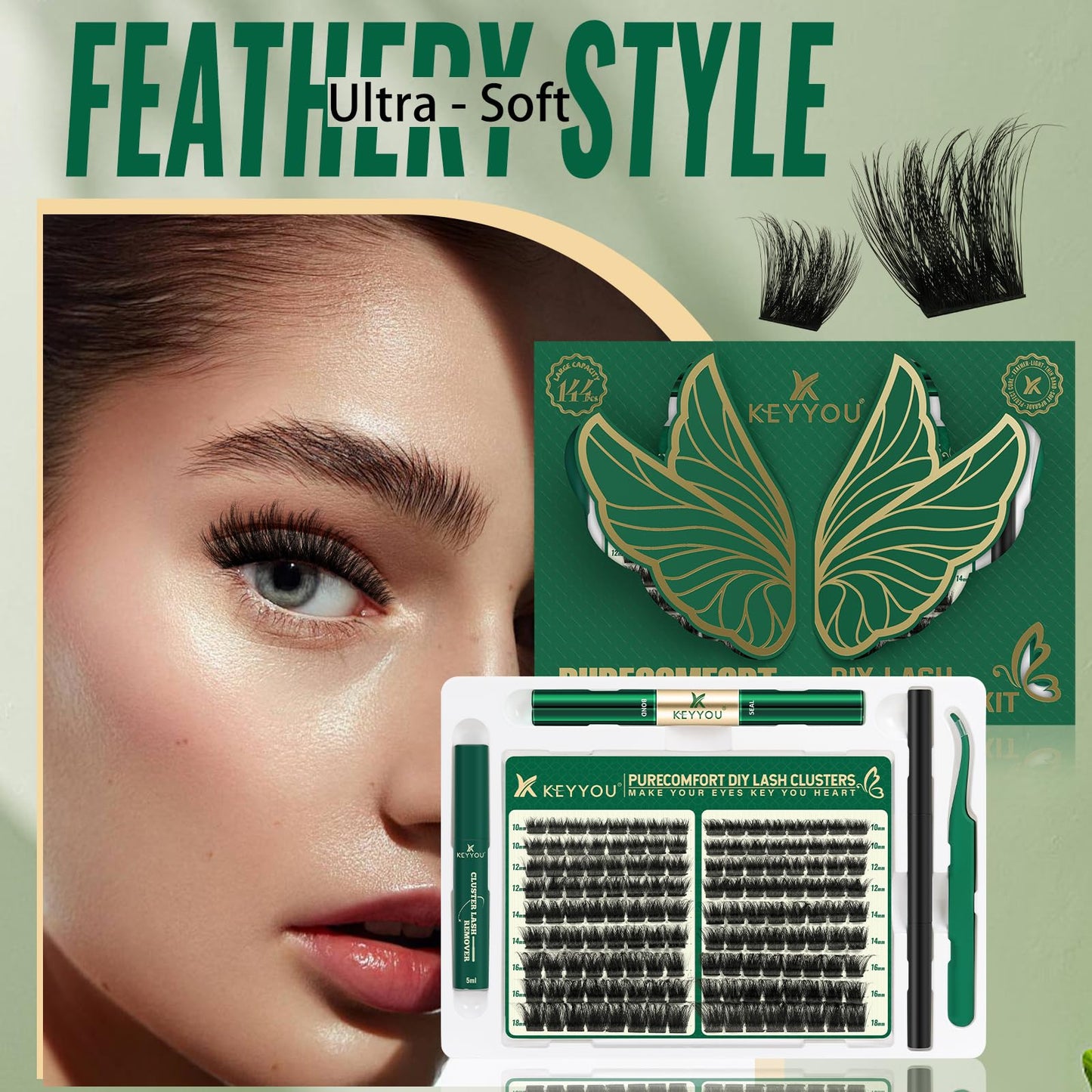 KEYYOU Lash Extension Kit 144pcs Thick Super Soft Lash Clusters,10-18mm D Curl Individual Lashes Kit with Bond and Seal Applicator and Brush Remover Easy to DIY at Home（PC03Kit-D-10-18MIX）