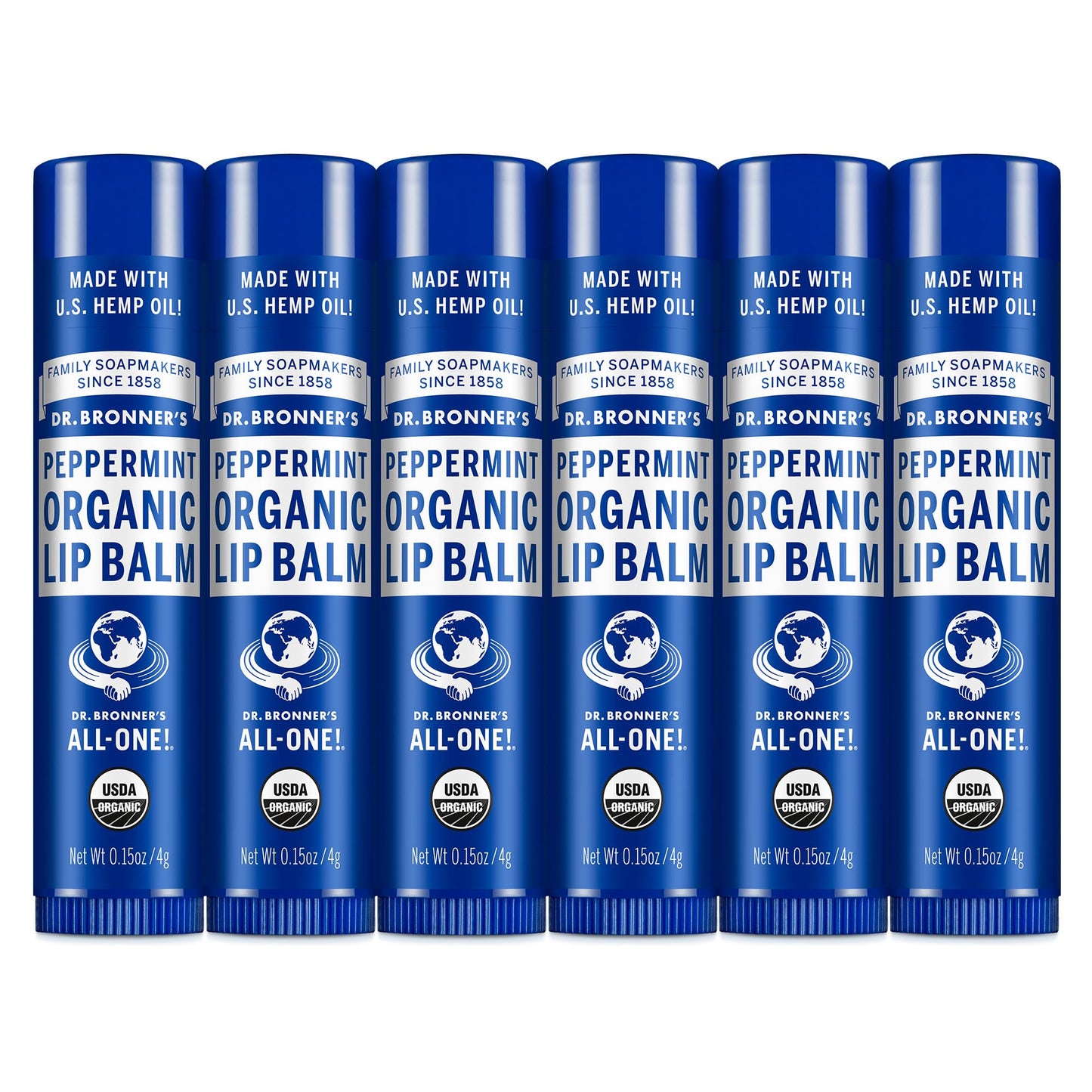 Dr. Bronner's - Organic Lip Balm (Peppermint, .15 ounce, 6-Pack) - Made with Organic Beeswax and Avocado Oil, For Dry Lips, Hands, Chin or Cheeks, Jojoba Oil for Added Moisture, Cooling and Hydrating