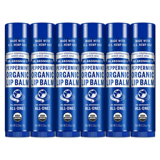 Dr. Bronner's - Organic Lip Balm (Peppermint, .15 ounce, 6-Pack) - Made with Organic Beeswax and Avocado Oil, For Dry Lips, Hands, Chin or Cheeks, Jojoba Oil for Added Moisture, Cooling and Hydrating