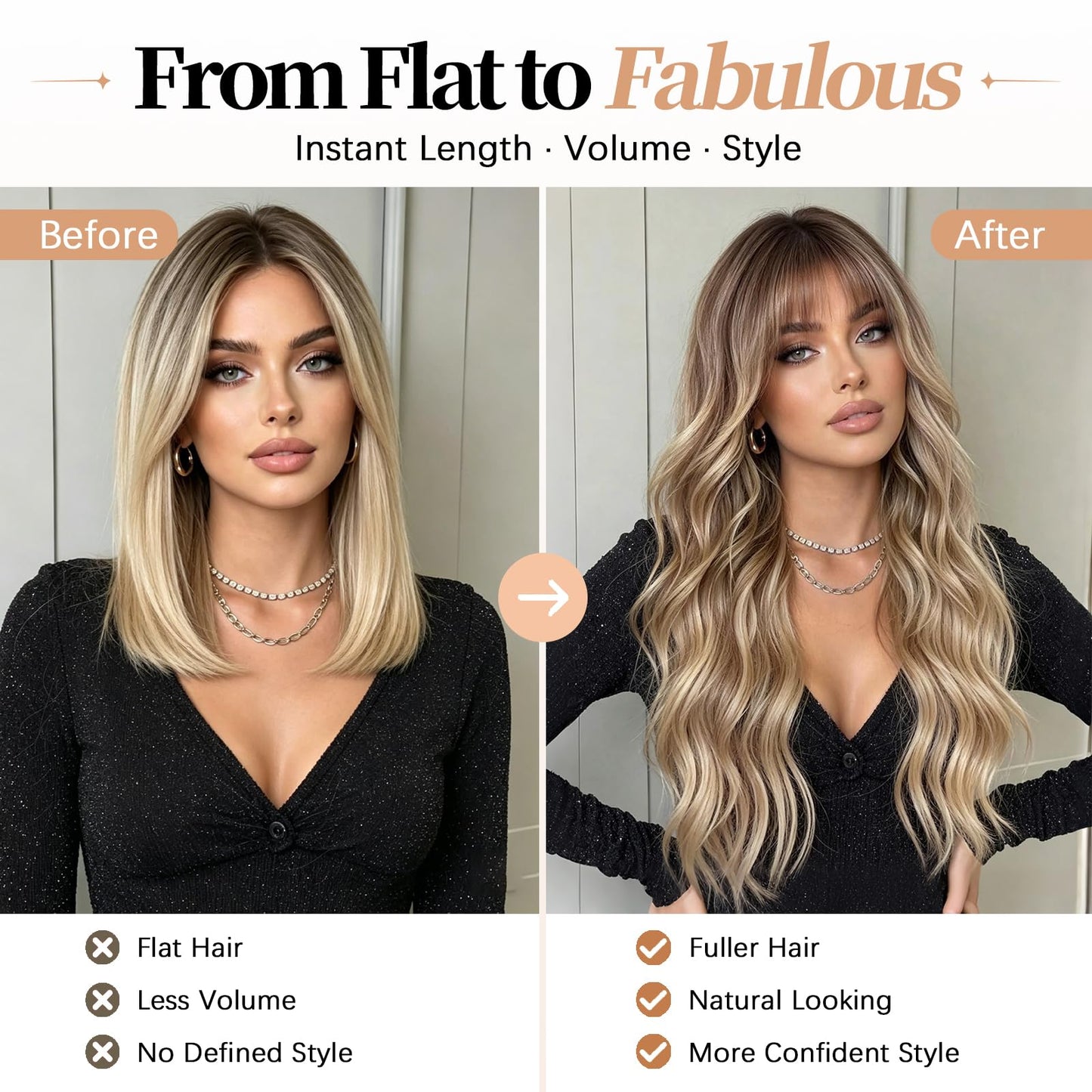 Lativ Blonde Wig With Bangs Long Wavy Curly Ombre Wig with Dark Root Synthetic Heat Resistant Wigs for Women Daily Party Use 26 Inches