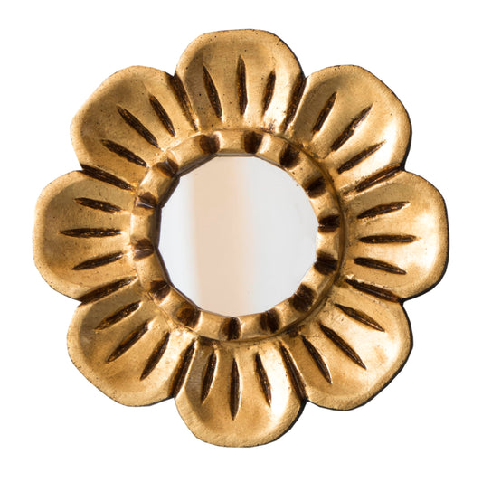 DecorContreras Peruvian Gilded Bronze Leaf Round Mirror 6”- Luxury Hand-Carved Wood Flower Wall Art - Small Space Art