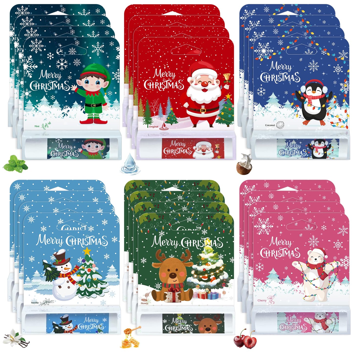 Kuabiz 24 Pcs Christmas Lip Balm Gifts Bulk Cute Stocking Goodie Bags Stuffers 6 Flavors Holiday Small Gifts Xmas Party Supplies Moisturizer Butter Care