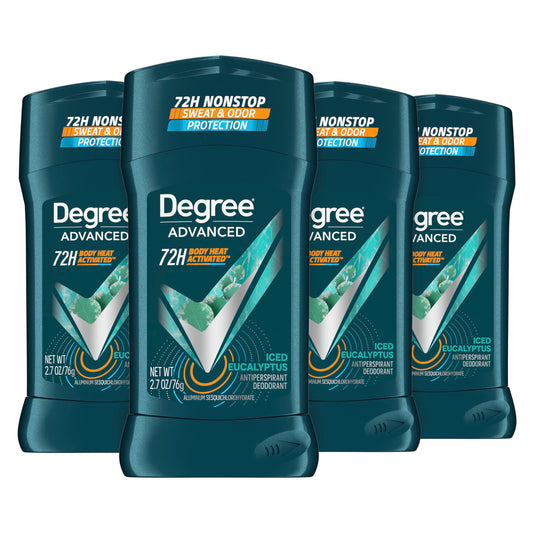 Degree Men Advanced Antiperspirant Deodorant Stick Ice Eucalyptus 4 Count 72-Hour Sweat and Odor Protection Deodorant for Men with Body Heat Activated Technology 2.7 oz