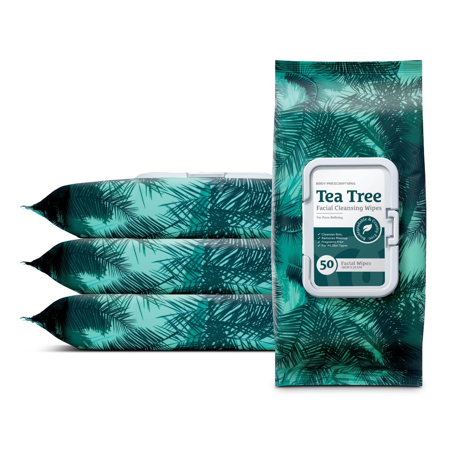 Body Prescription Makeup Cleansing Wipes - Gentle and Effective Face Wipes, 50 Count (Pack of 4), Tea-Tree