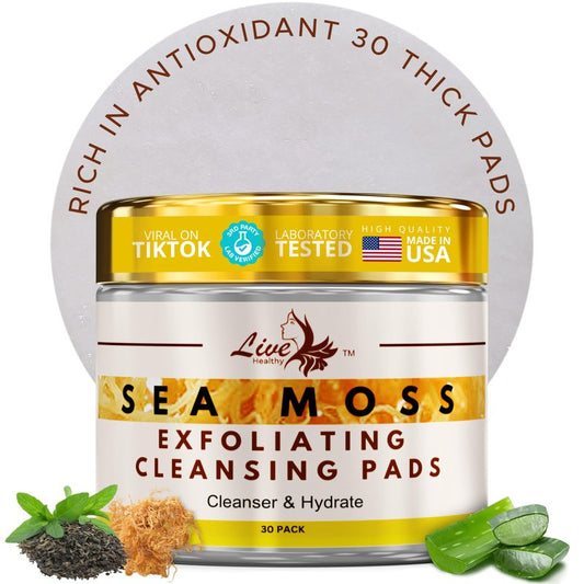 Live Healthy The Original Kojic Acid & Sea Moss Cleansing Pads - Natural, Face Cleanser, with Vitamin E, Glycolic Acid & Hyaluronic Acid - Clears Acne, Face Peel Toner Pads - Made in USA | 30 Pack