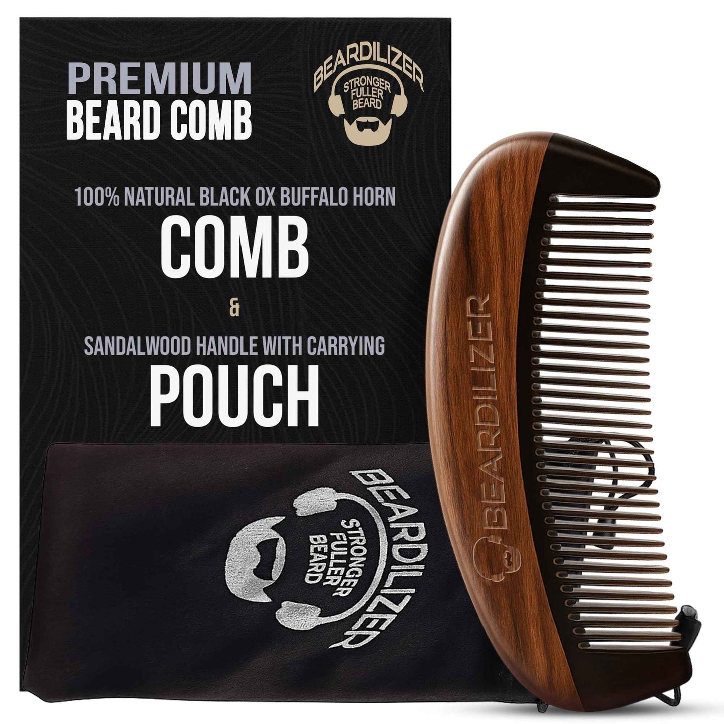 Beardilizer Premium Beard Comb for Men - 100% Natural Black Ox Buffalo Horn & Sandalwood Handle with Carrying Pouch, Professional Anti-Static Fine and Coarse Teeth