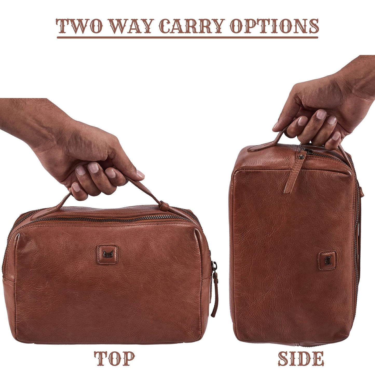 Wise Owl Accessories Real Leather Toiletry Bag Dopp Kit for Men Women Travel Shaving Pouch Organiser With Waterproof Lining Double Compartment Cosmetic Case Gift (Cognac)