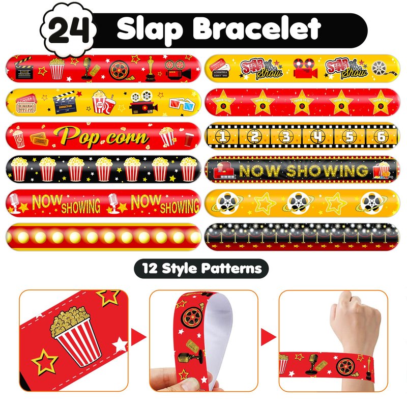 72PCS Movie Night Party Set - 48PCS Temporary Pre - Cut Tattoos & 24PCS Slap Bracelets - Fun Birthday Supplies, Baby Shower Gifts, Classroom Rewards & Movie-Themed Decor for Kids (Boys & Girls)